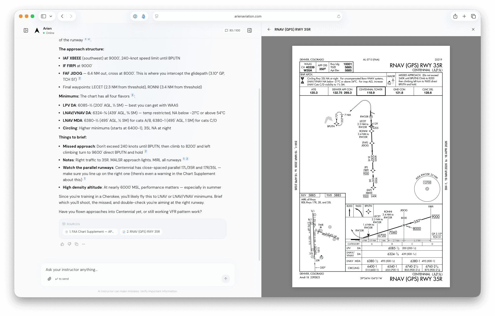 Arien explaining an instrument approach with inline citations and the approach plate in the source panel
